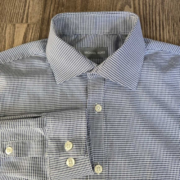 MICHAEL KORS Dress Shirt Mens 16-32/33 Blue Checks Slim Fit Office Cotton Preppy - Picture 1 of 8